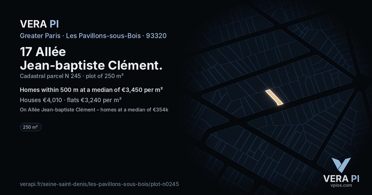 17 Allée Jean-baptiste Clément, Les Pavillons-sous-Bois at night – the plot lit, the parcels around coloured by the prices near them