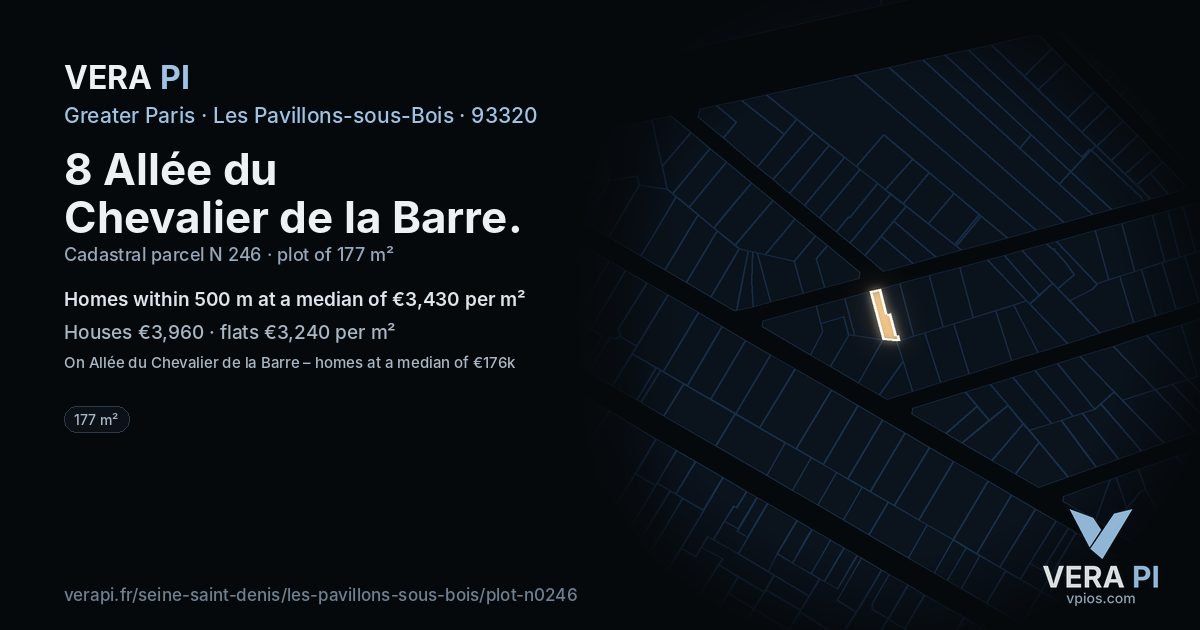 8 Allée du Chevalier de la Barre, Les Pavillons-sous-Bois at night – the plot lit, the parcels around coloured by the prices near them