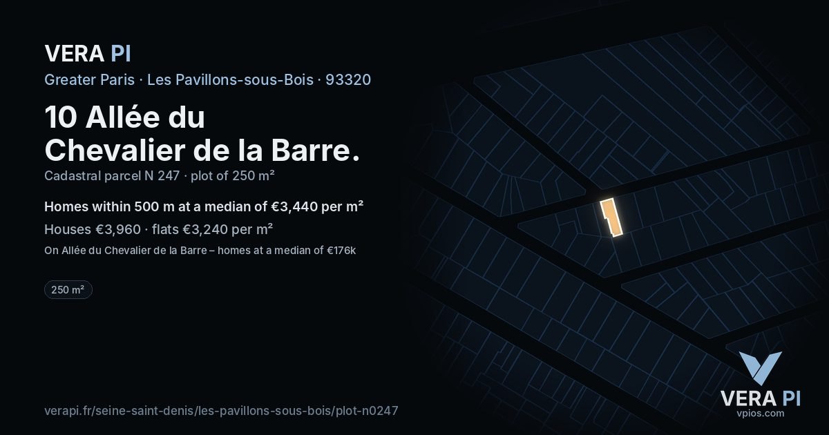 10 Allée du Chevalier de la Barre, Les Pavillons-sous-Bois at night – the plot lit, the parcels around coloured by the prices near them