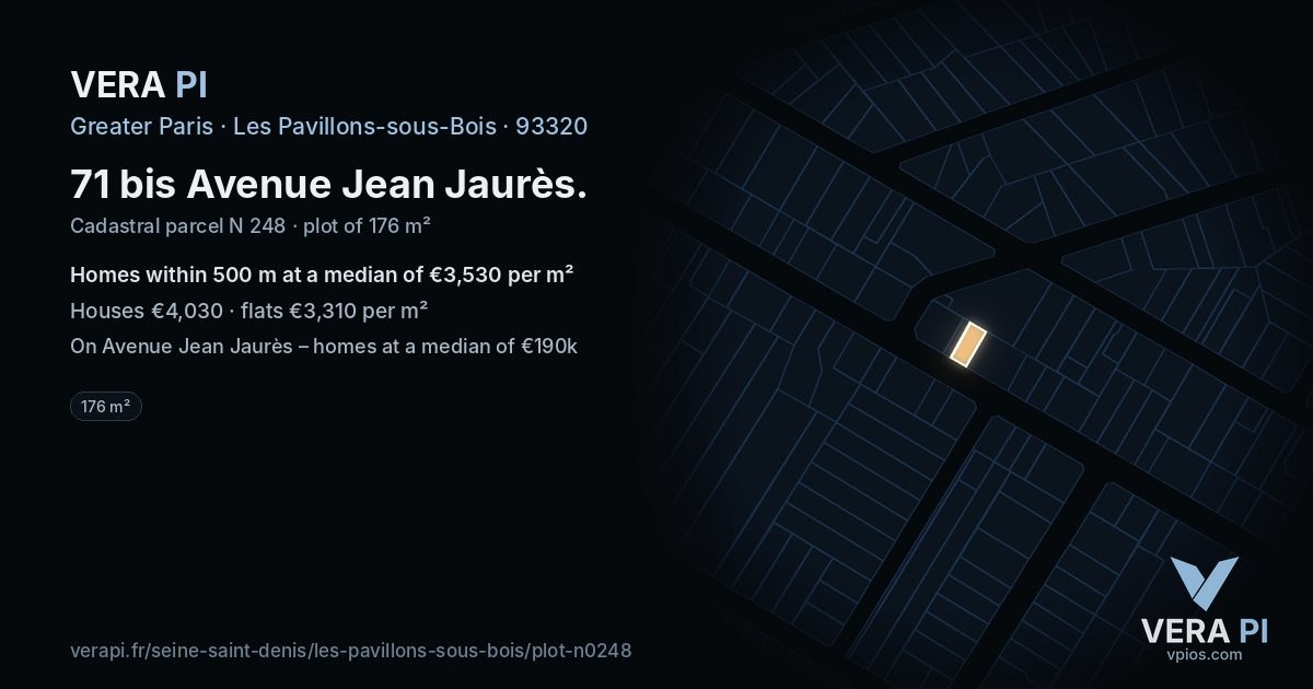 71 bis Avenue Jean Jaurès, Les Pavillons-sous-Bois at night – the plot lit, the parcels around coloured by the prices near them