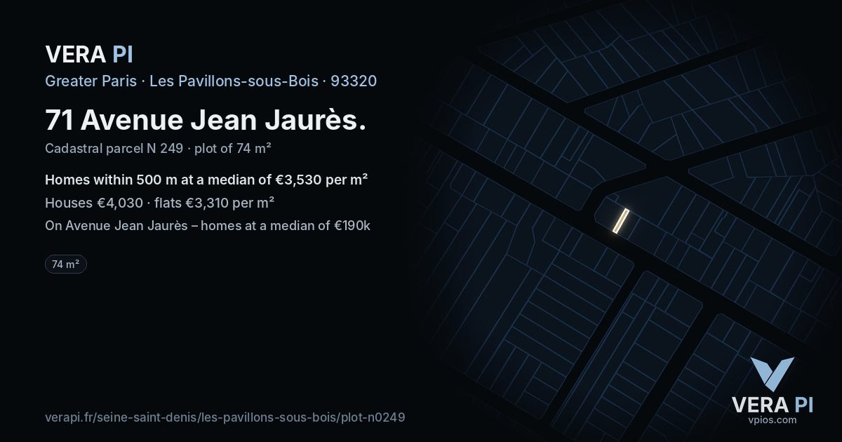 71 Avenue Jean Jaurès, Les Pavillons-sous-Bois at night – the plot lit, the parcels around coloured by the prices near them