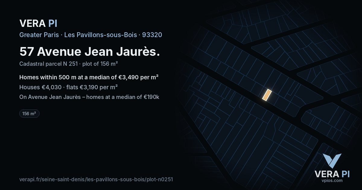 57 Avenue Jean Jaurès, Les Pavillons-sous-Bois at night – the plot lit, the parcels around coloured by the prices near them