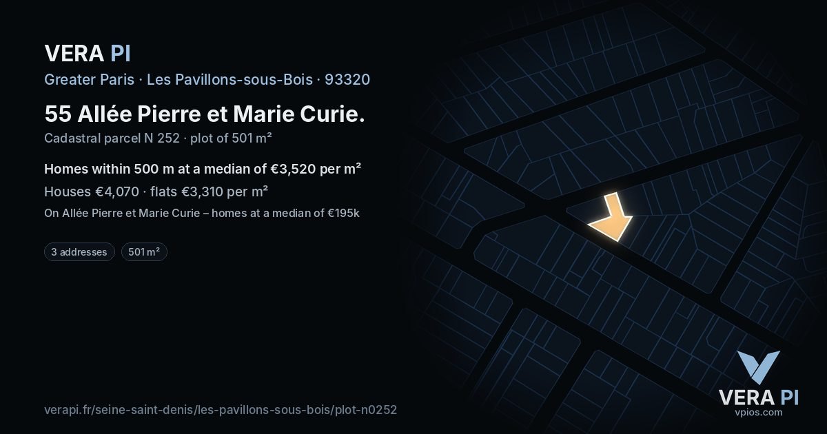 55 Allée Pierre et Marie Curie, Les Pavillons-sous-Bois at night – the plot lit, the parcels around coloured by the prices near them