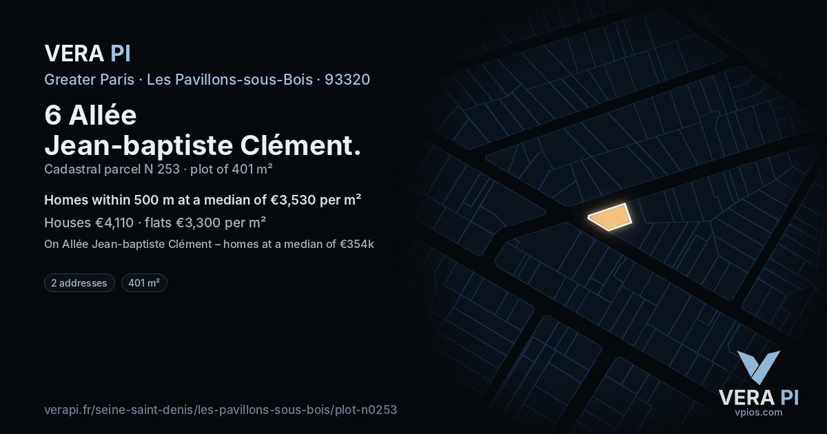 6 Allée Jean-baptiste Clément, Les Pavillons-sous-Bois at night – the plot lit, the parcels around coloured by the prices near them
