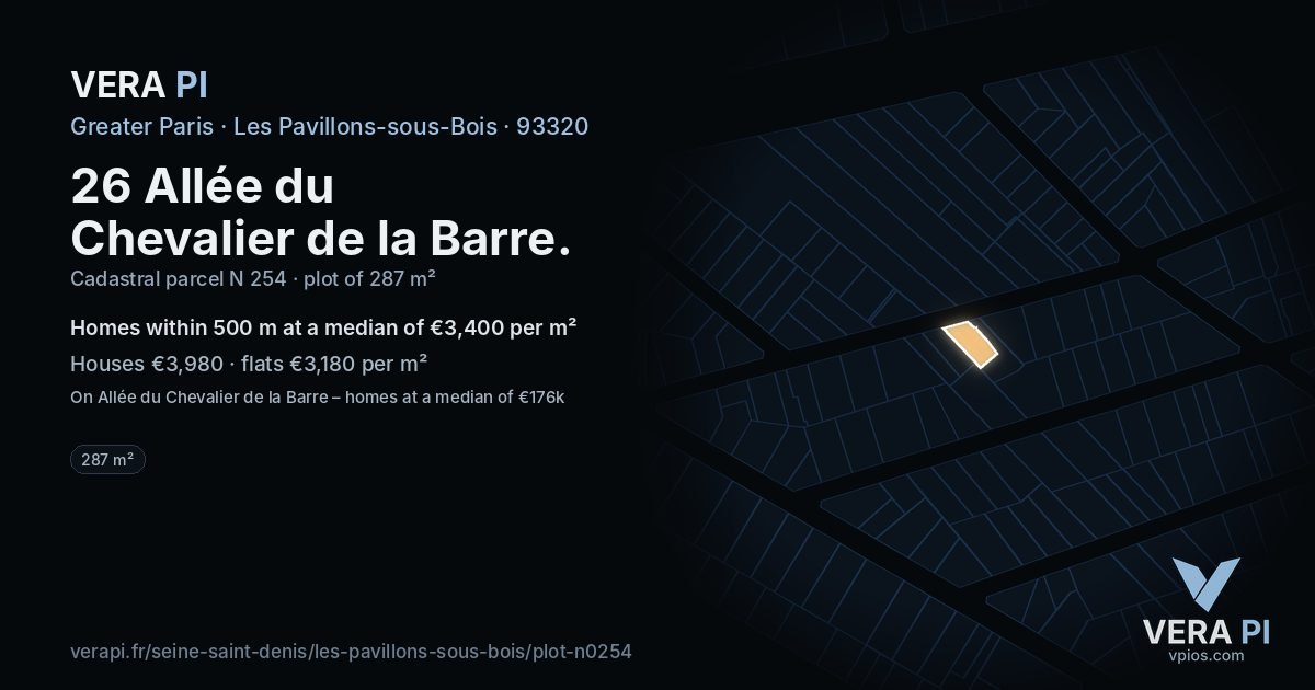 26 Allée du Chevalier de la Barre, Les Pavillons-sous-Bois at night – the plot lit, the parcels around coloured by the prices near them