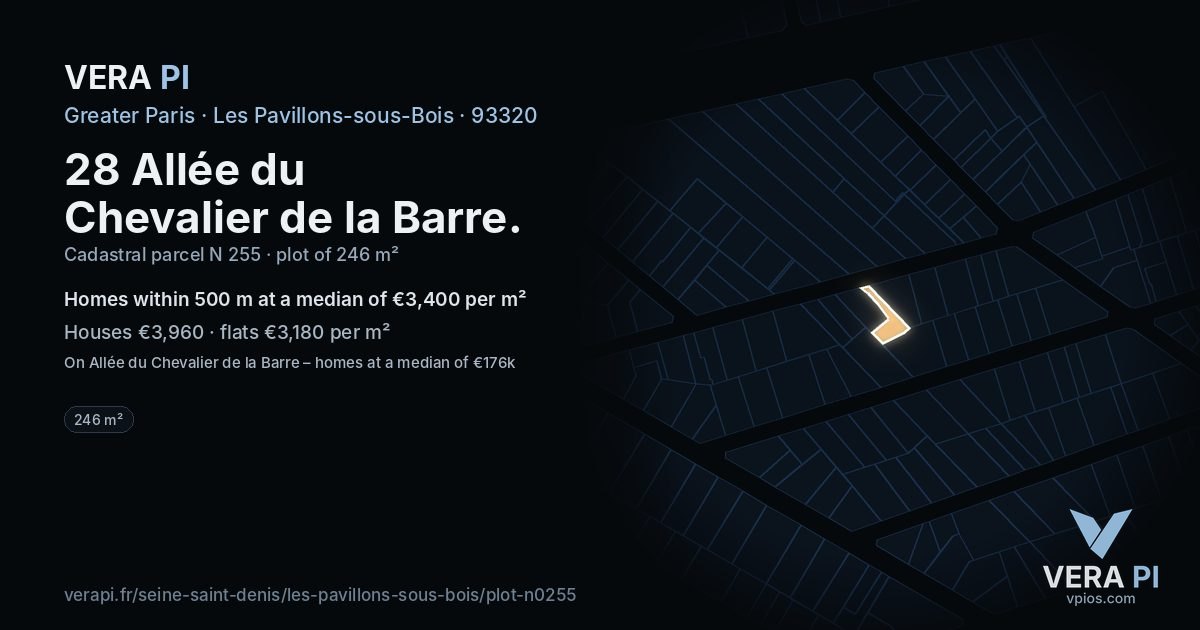 28 Allée du Chevalier de la Barre, Les Pavillons-sous-Bois at night – the plot lit, the parcels around coloured by the prices near them