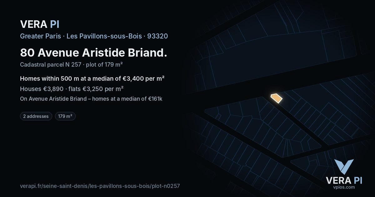 80 Avenue Aristide Briand, Les Pavillons-sous-Bois at night – the plot lit, the parcels around coloured by the prices near them