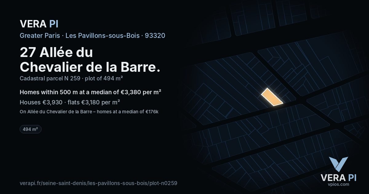 27 Allée du Chevalier de la Barre, Les Pavillons-sous-Bois at night – the plot lit, the parcels around coloured by the prices near them
