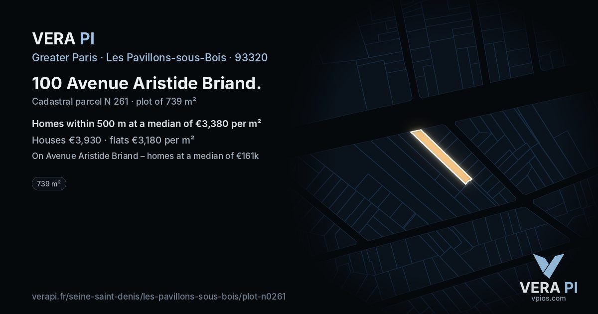 100 Avenue Aristide Briand, Les Pavillons-sous-Bois at night – the plot lit, the parcels around coloured by the prices near them