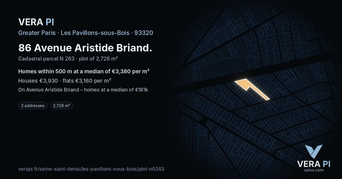 86 Avenue Aristide Briand, Les Pavillons-sous-Bois at night – the plot lit, the parcels around coloured by the prices near them