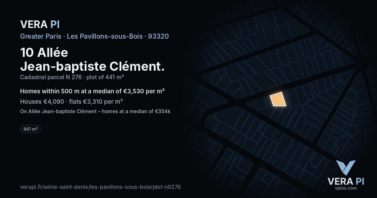 10 Allée Jean-baptiste Clément, Les Pavillons-sous-Bois at night – the plot lit, the parcels around coloured by the prices near them