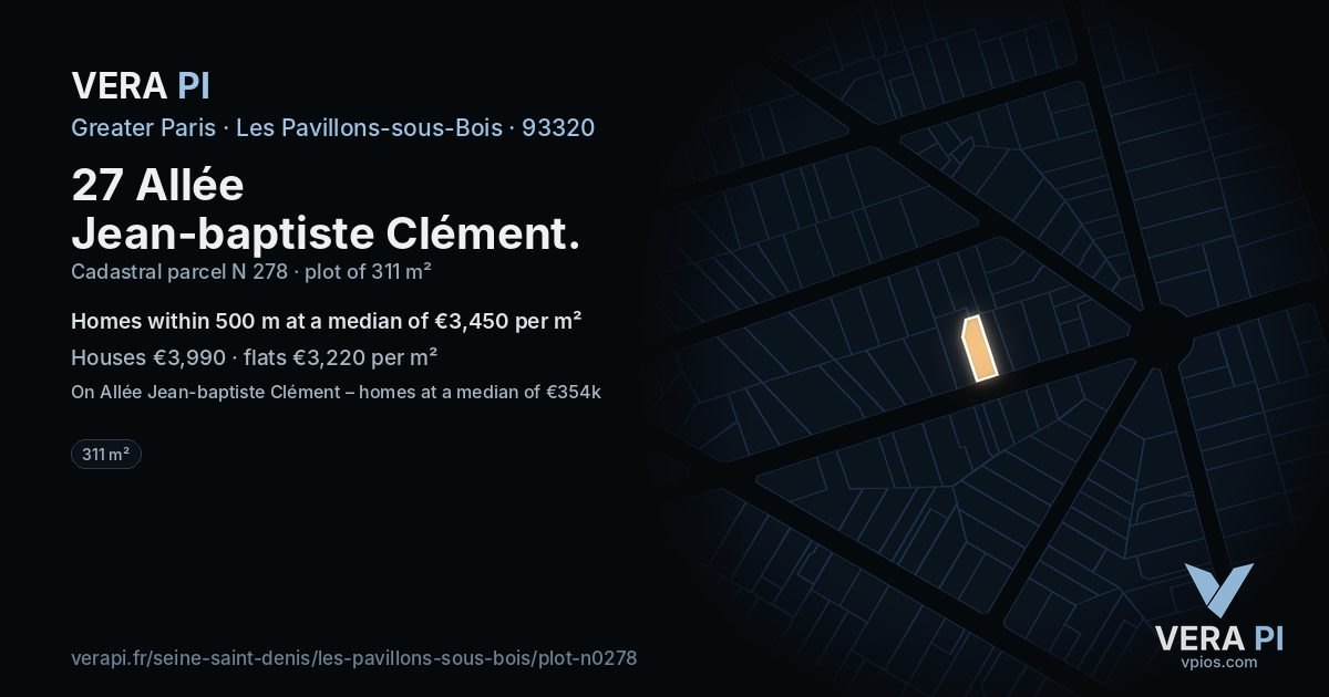 27 Allée Jean-baptiste Clément, Les Pavillons-sous-Bois at night – the plot lit, the parcels around coloured by the prices near them