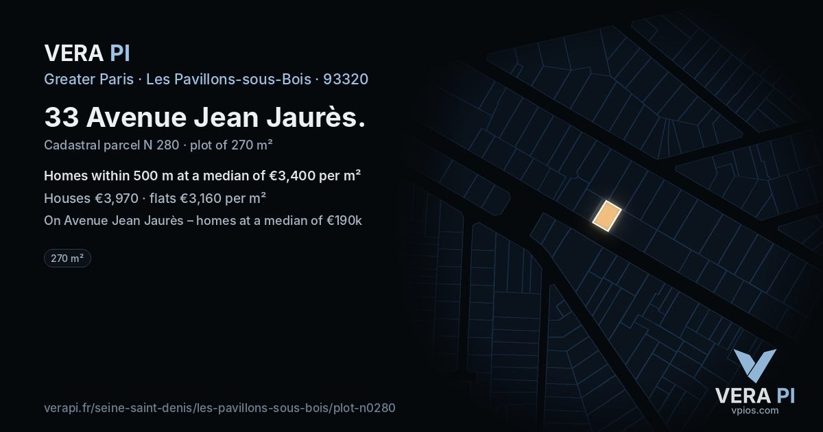 33 Avenue Jean Jaurès, Les Pavillons-sous-Bois at night – the plot lit, the parcels around coloured by the prices near them