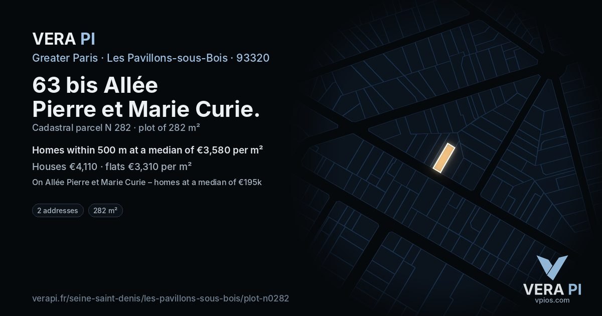 63 bis Allée Pierre et Marie Curie, Les Pavillons-sous-Bois at night – the plot lit, the parcels around coloured by the prices near them