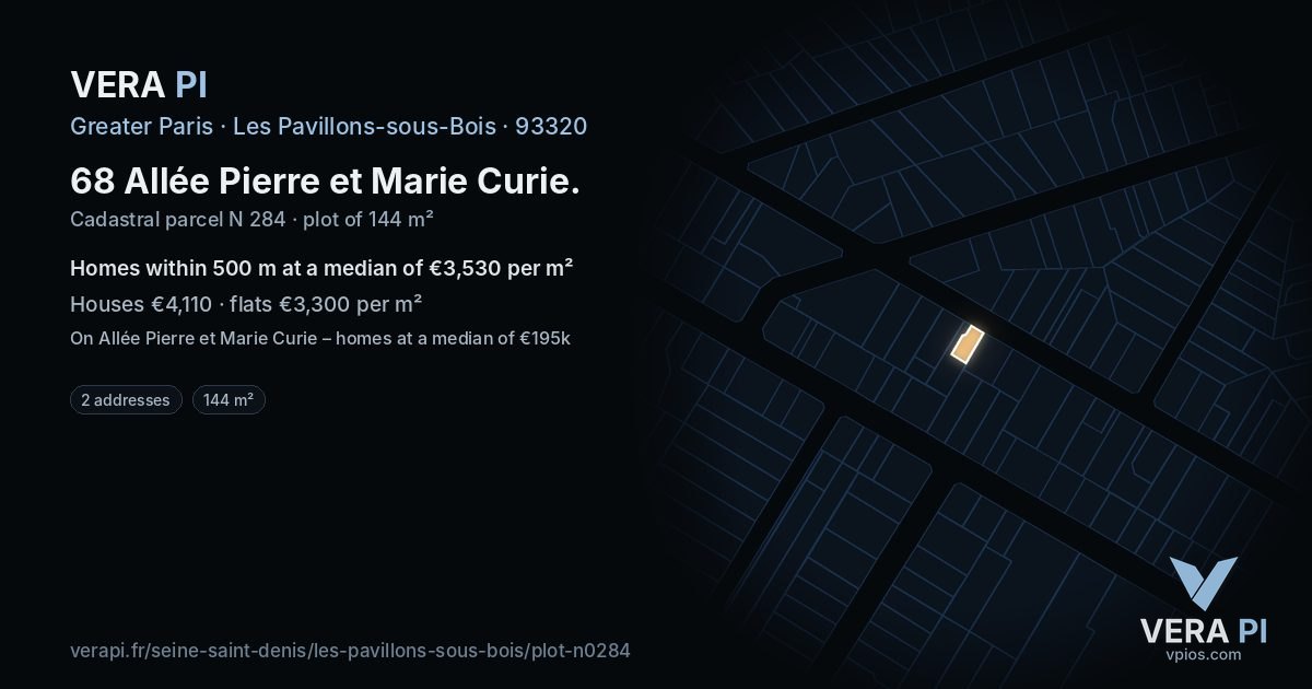 68 Allée Pierre et Marie Curie, Les Pavillons-sous-Bois at night – the plot lit, the parcels around coloured by the prices near them