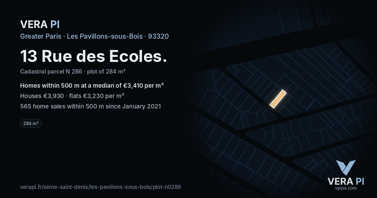 13 Rue des Ecoles, Les Pavillons-sous-Bois at night – the plot lit, the parcels around coloured by the prices near them