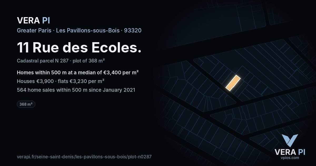11 Rue des Ecoles, Les Pavillons-sous-Bois at night – the plot lit, the parcels around coloured by the prices near them