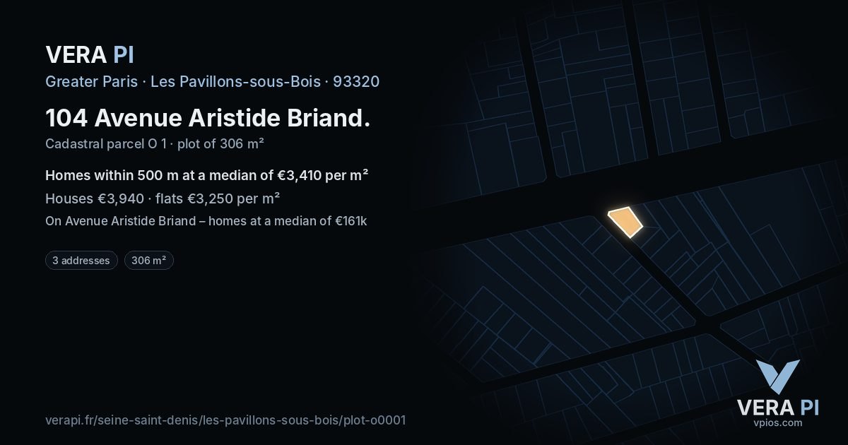 104 Avenue Aristide Briand, Les Pavillons-sous-Bois at night – the plot lit, the parcels around coloured by the prices near them