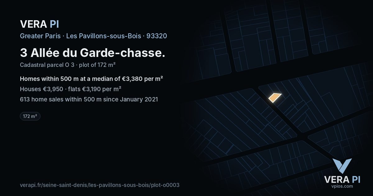 3 Allée du Garde-chasse, Les Pavillons-sous-Bois at night – the plot lit, the parcels around coloured by the prices near them
