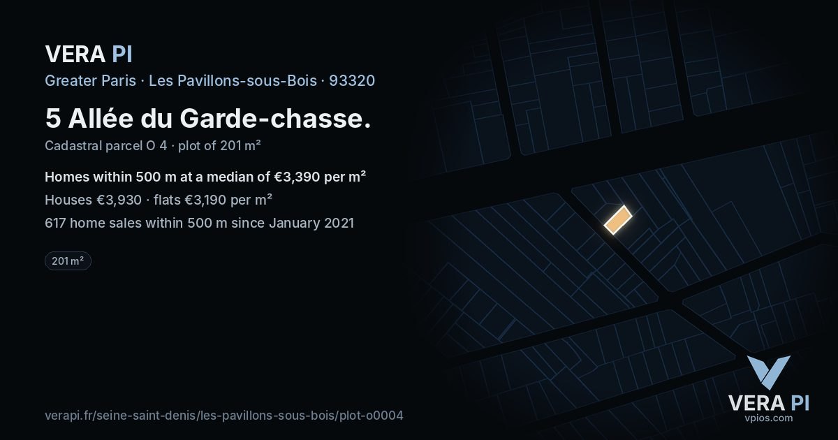 5 Allée du Garde-chasse, Les Pavillons-sous-Bois at night – the plot lit, the parcels around coloured by the prices near them