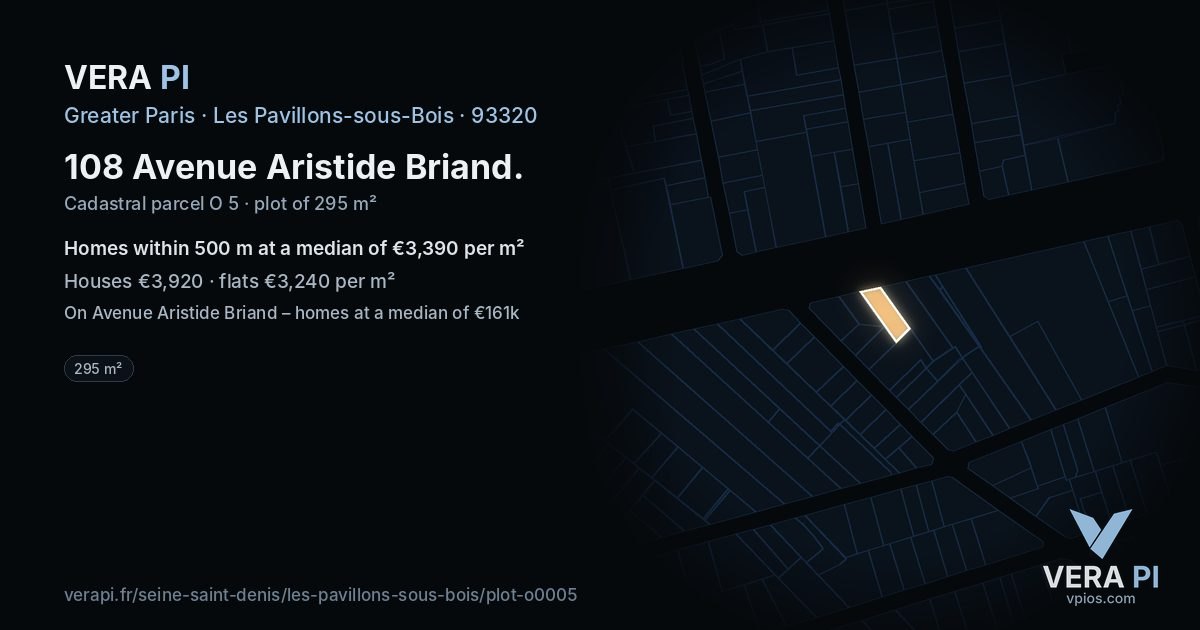 108 Avenue Aristide Briand, Les Pavillons-sous-Bois at night – the plot lit, the parcels around coloured by the prices near them