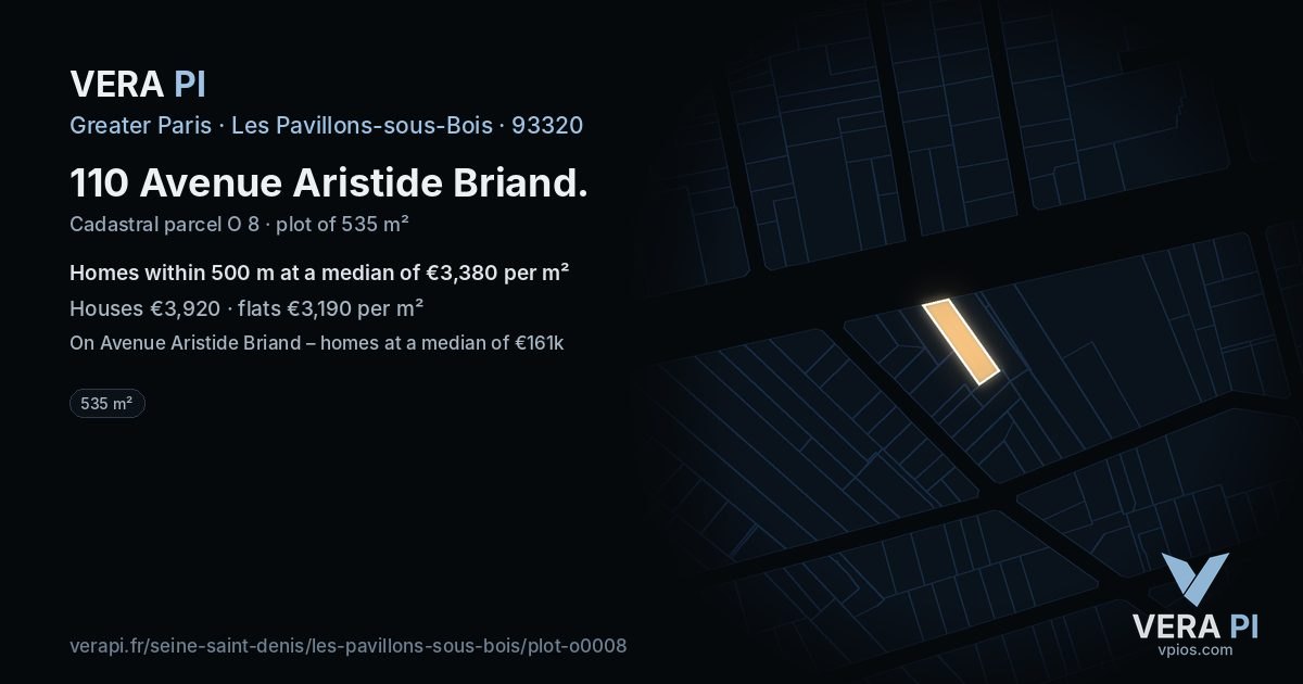 110 Avenue Aristide Briand, Les Pavillons-sous-Bois at night – the plot lit, the parcels around coloured by the prices near them