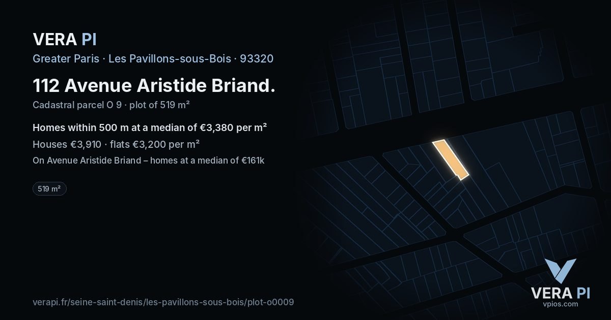 112 Avenue Aristide Briand, Les Pavillons-sous-Bois at night – the plot lit, the parcels around coloured by the prices near them