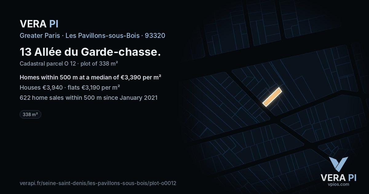 13 Allée du Garde-chasse, Les Pavillons-sous-Bois at night – the plot lit, the parcels around coloured by the prices near them