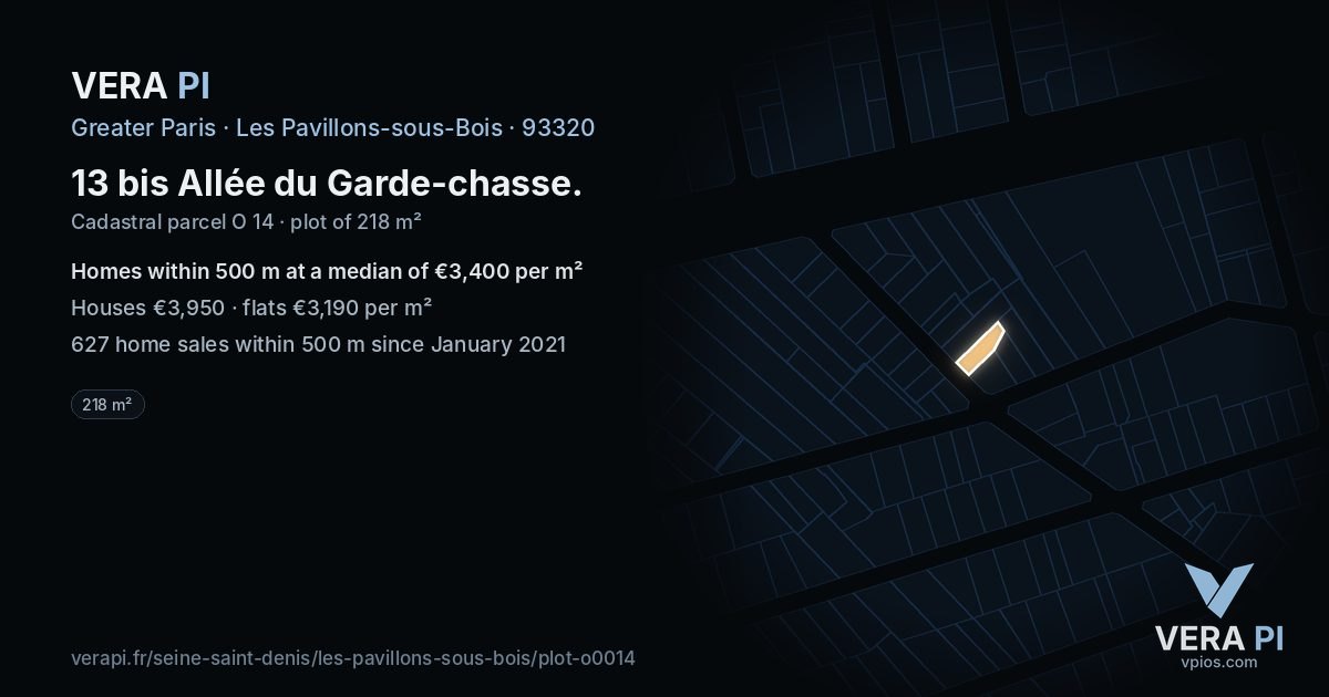 13 bis Allée du Garde-chasse, Les Pavillons-sous-Bois at night – the plot lit, the parcels around coloured by the prices near them