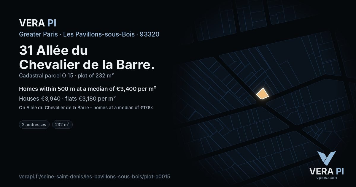 31 Allée du Chevalier de la Barre, Les Pavillons-sous-Bois at night – the plot lit, the parcels around coloured by the prices near them