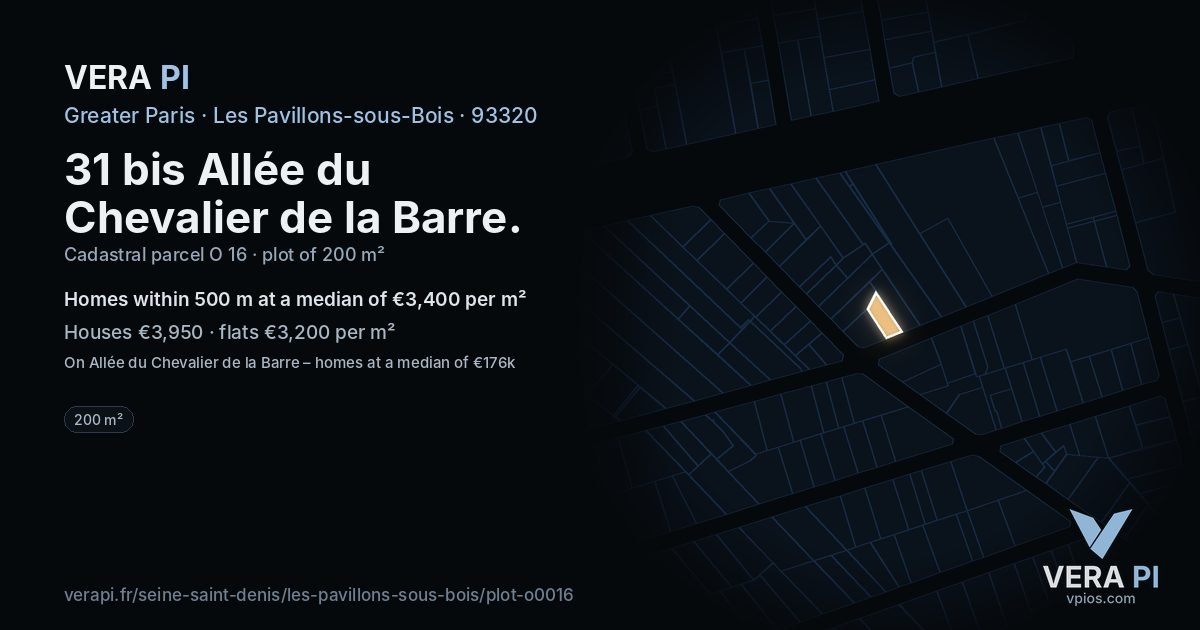 31 bis Allée du Chevalier de la Barre, Les Pavillons-sous-Bois at night – the plot lit, the parcels around coloured by the prices near them