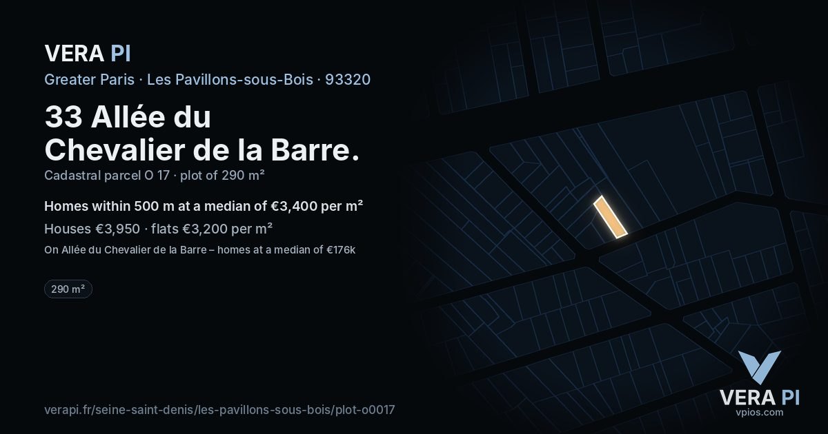 33 Allée du Chevalier de la Barre, Les Pavillons-sous-Bois at night – the plot lit, the parcels around coloured by the prices near them