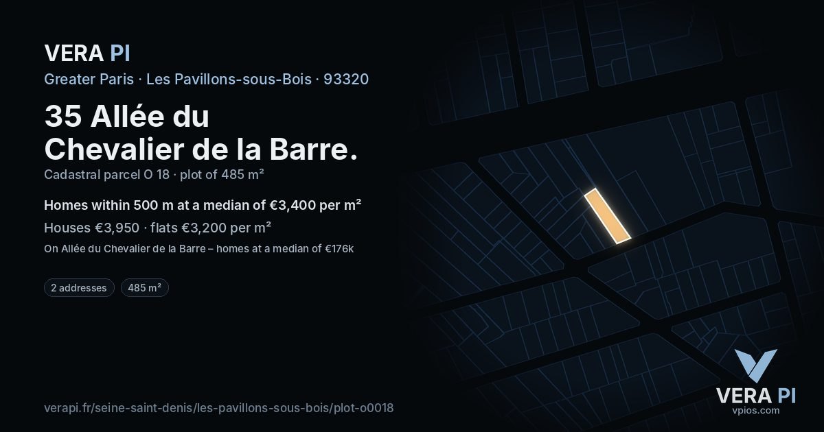 35 Allée du Chevalier de la Barre, Les Pavillons-sous-Bois at night – the plot lit, the parcels around coloured by the prices near them