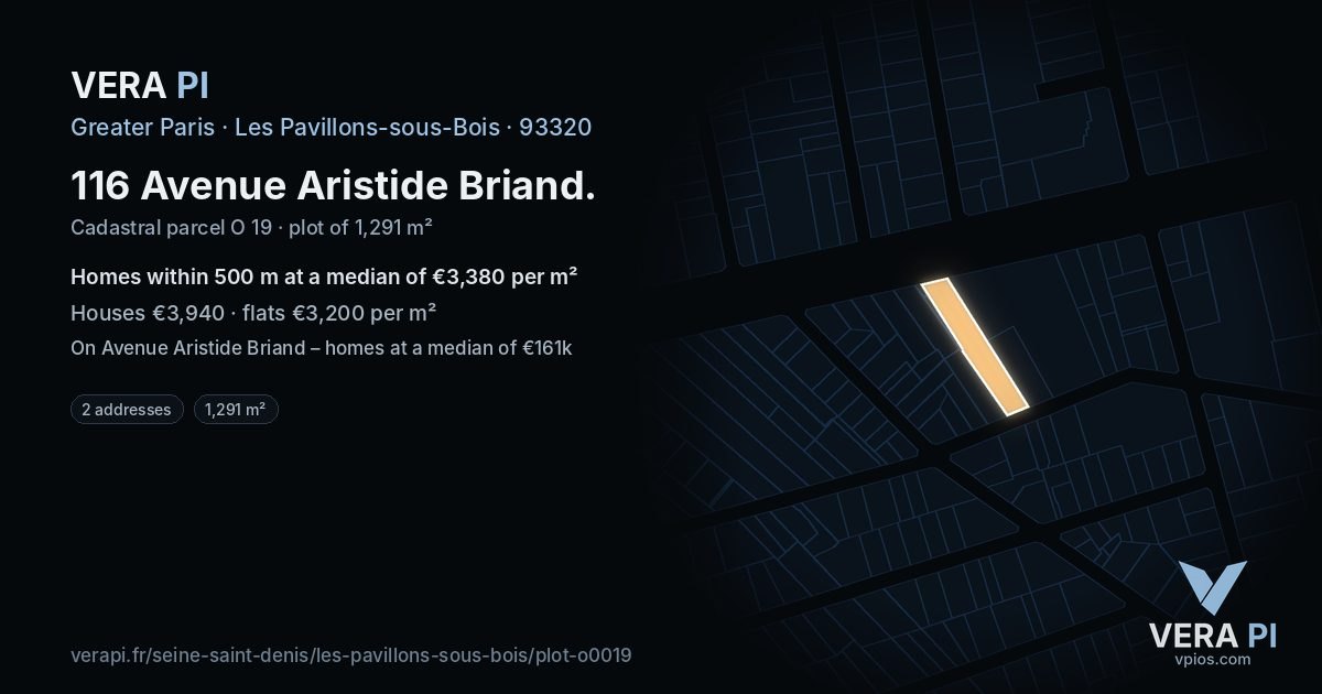 116 Avenue Aristide Briand, Les Pavillons-sous-Bois at night – the plot lit, the parcels around coloured by the prices near them
