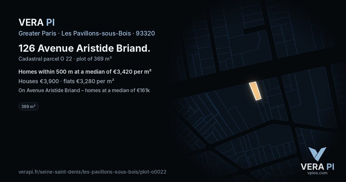 126 Avenue Aristide Briand, Les Pavillons-sous-Bois at night – the plot lit, the parcels around coloured by the prices near them
