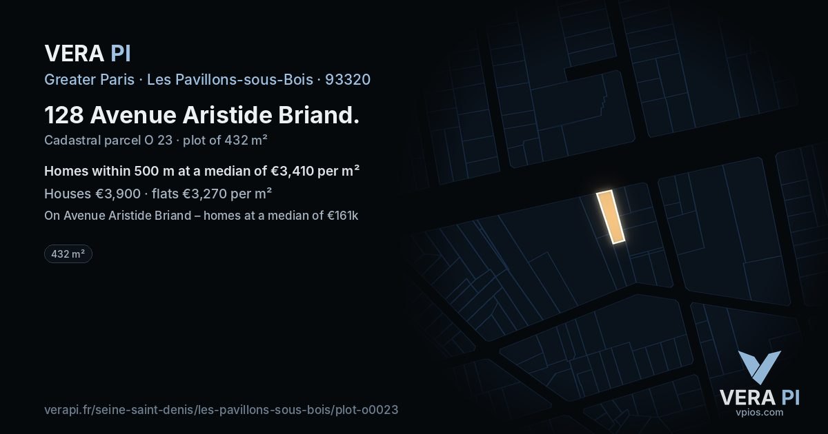 128 Avenue Aristide Briand, Les Pavillons-sous-Bois at night – the plot lit, the parcels around coloured by the prices near them