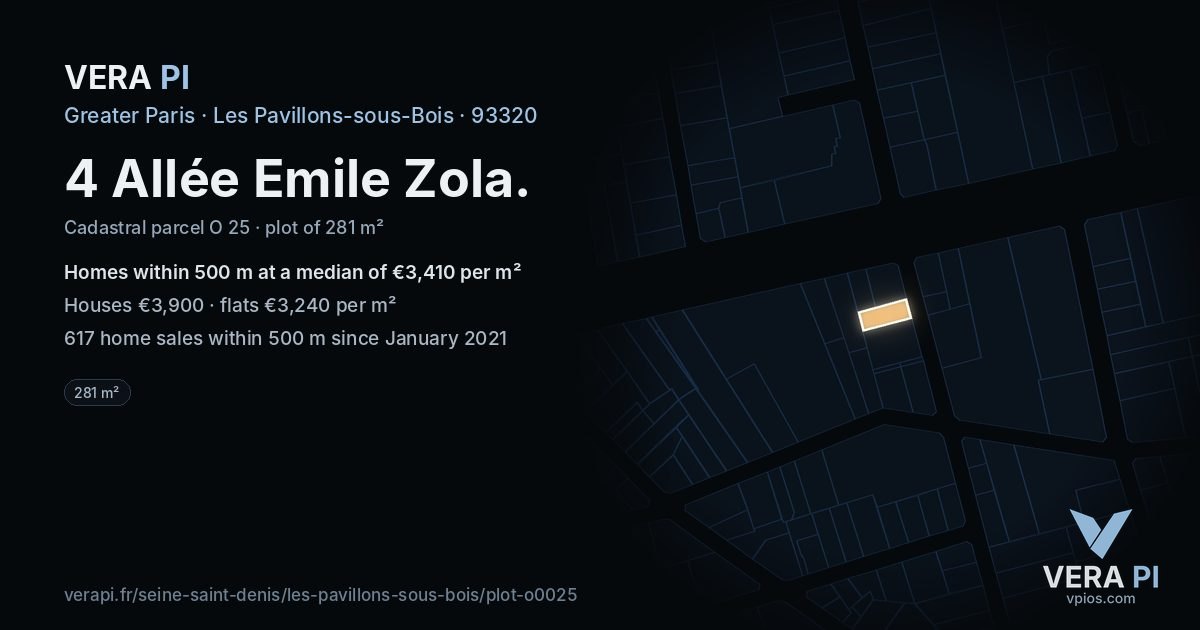 4 Allée Emile Zola, Les Pavillons-sous-Bois at night – the plot lit, the parcels around coloured by the prices near them