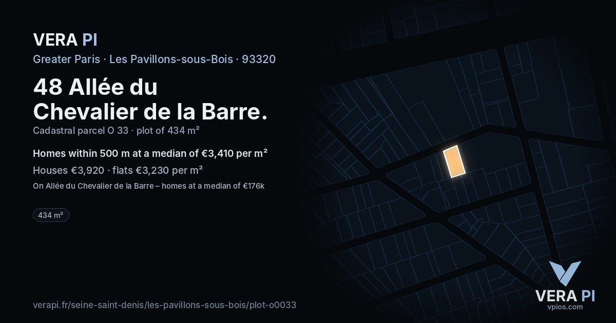 48 Allée du Chevalier de la Barre, Les Pavillons-sous-Bois at night – the plot lit, the parcels around coloured by the prices near them