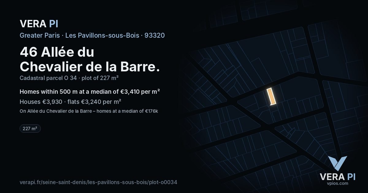 46 Allée du Chevalier de la Barre, Les Pavillons-sous-Bois at night – the plot lit, the parcels around coloured by the prices near them