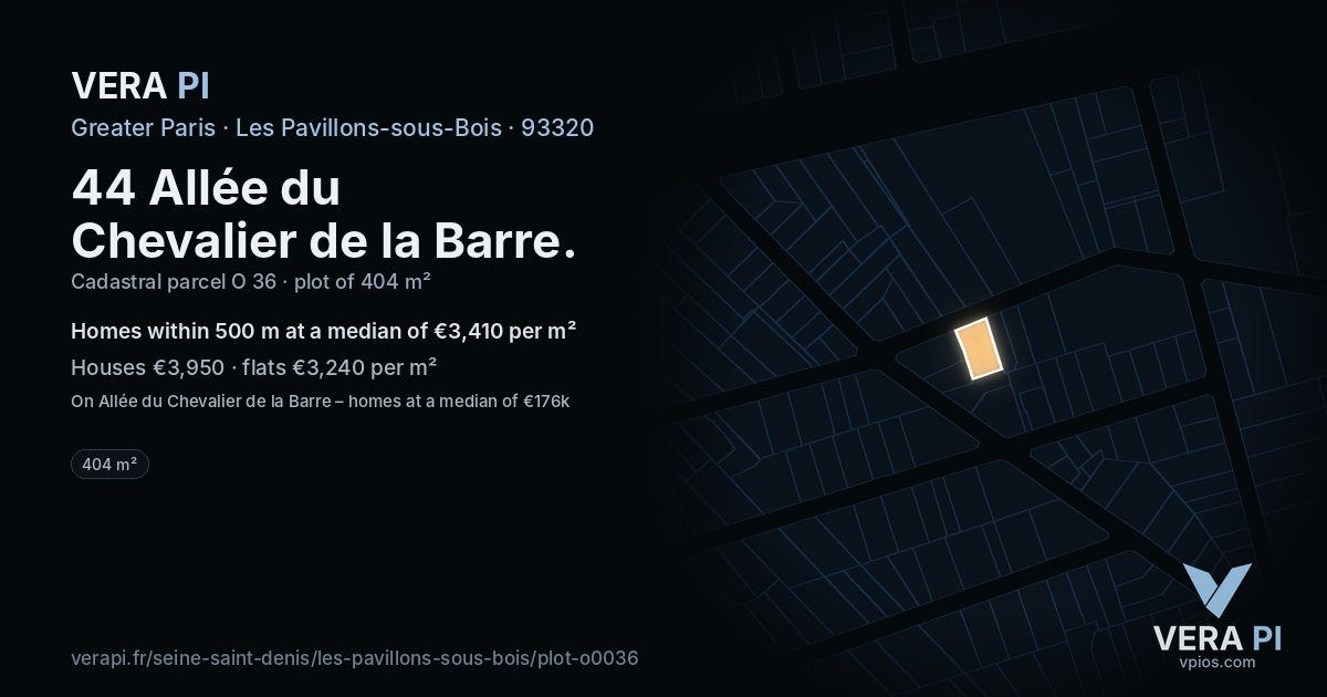 44 Allée du Chevalier de la Barre, Les Pavillons-sous-Bois at night – the plot lit, the parcels around coloured by the prices near them
