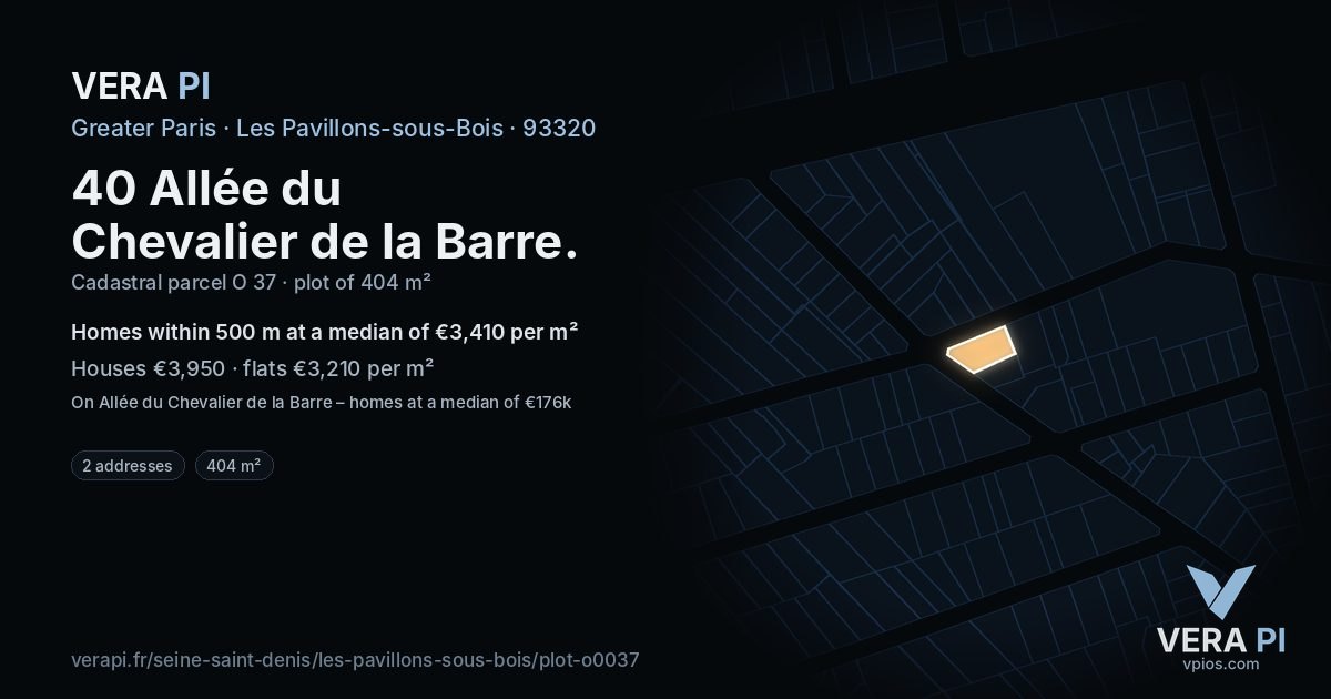 40 Allée du Chevalier de la Barre, Les Pavillons-sous-Bois at night – the plot lit, the parcels around coloured by the prices near them
