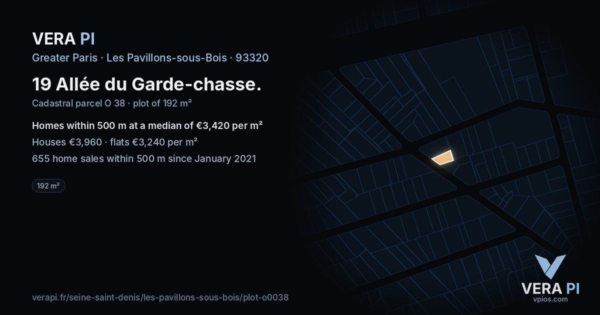 19 Allée du Garde-chasse, Les Pavillons-sous-Bois at night – the plot lit, the parcels around coloured by the prices near them
