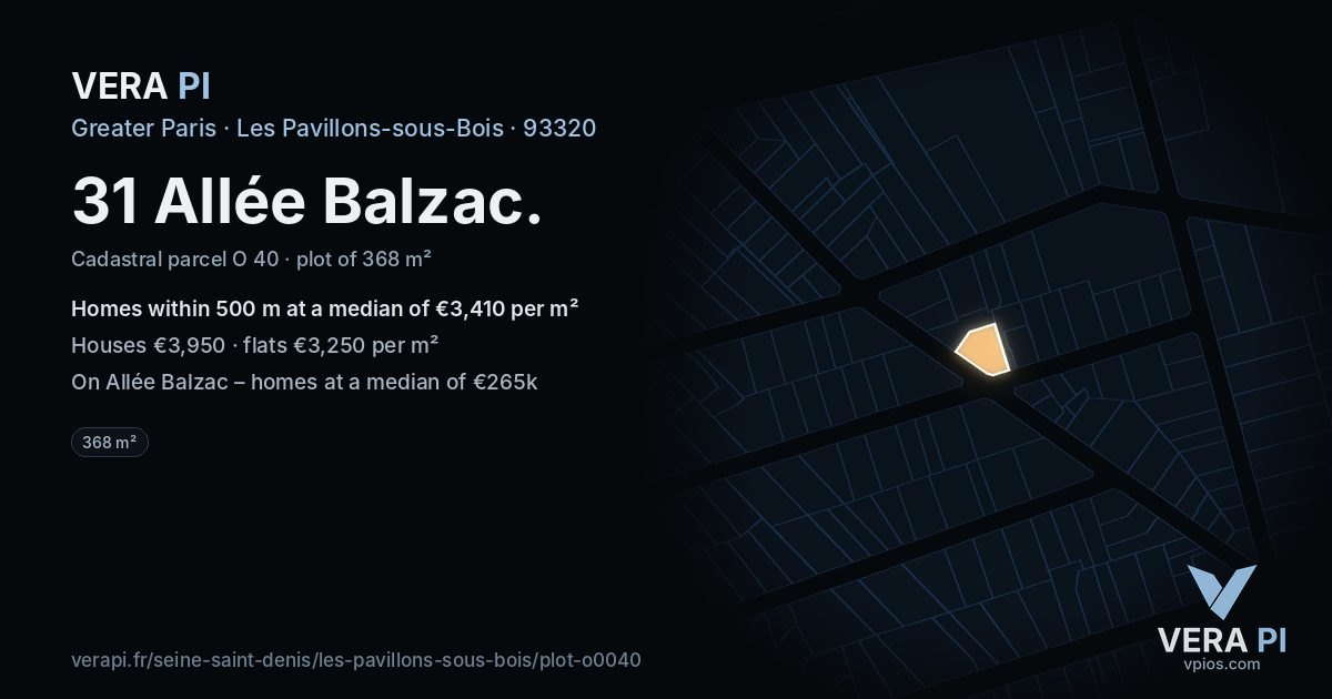 31 Allée Balzac, Les Pavillons-sous-Bois at night – the plot lit, the parcels around coloured by the prices near them