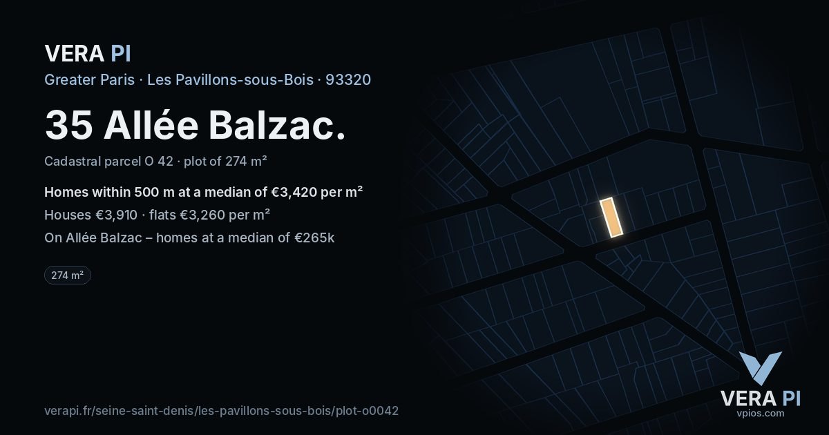 35 Allée Balzac, Les Pavillons-sous-Bois at night – the plot lit, the parcels around coloured by the prices near them