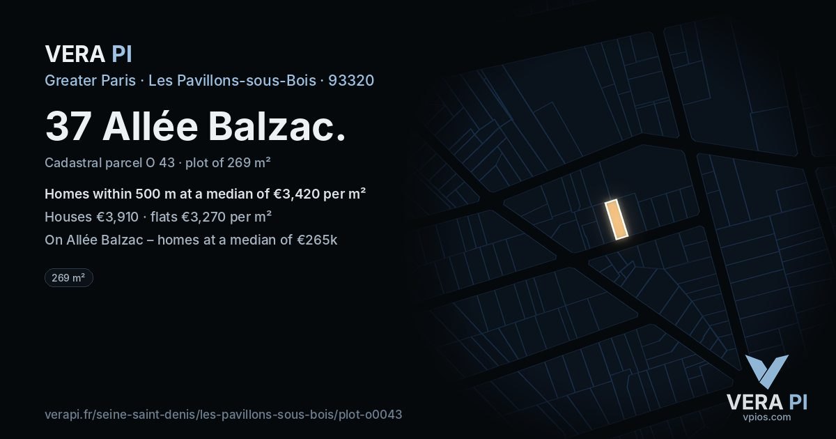 37 Allée Balzac, Les Pavillons-sous-Bois at night – the plot lit, the parcels around coloured by the prices near them