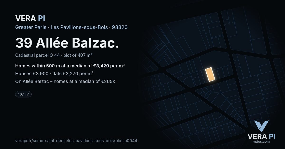 39 Allée Balzac, Les Pavillons-sous-Bois at night – the plot lit, the parcels around coloured by the prices near them