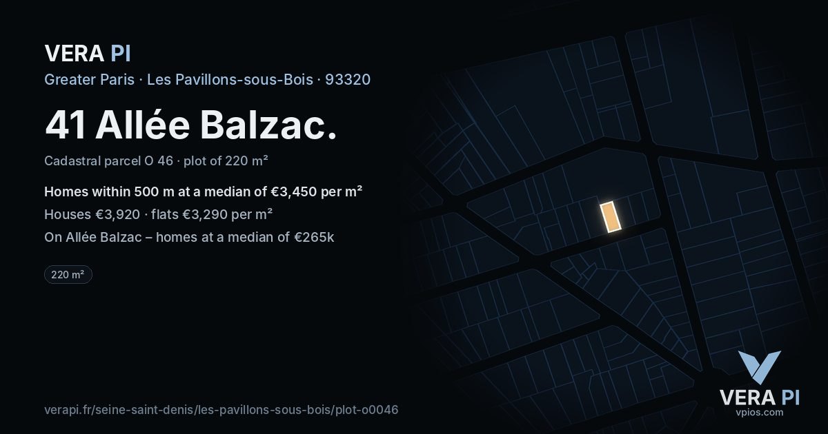 41 Allée Balzac, Les Pavillons-sous-Bois at night – the plot lit, the parcels around coloured by the prices near them