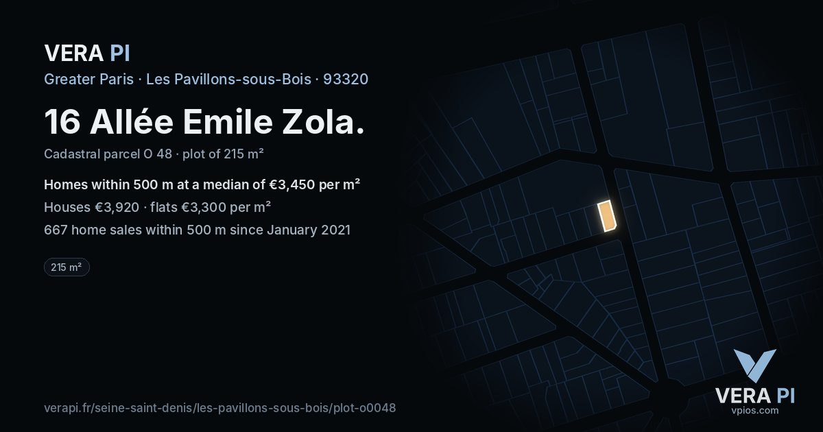 16 Allée Emile Zola, Les Pavillons-sous-Bois at night – the plot lit, the parcels around coloured by the prices near them
