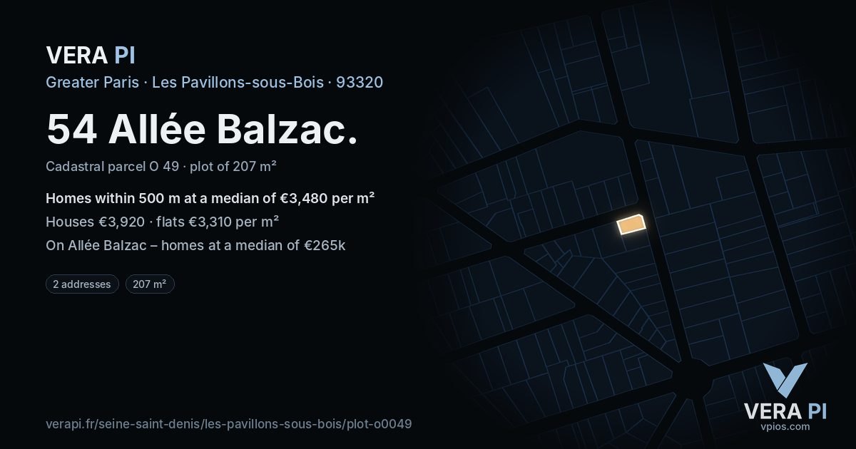 54 Allée Balzac, Les Pavillons-sous-Bois at night – the plot lit, the parcels around coloured by the prices near them