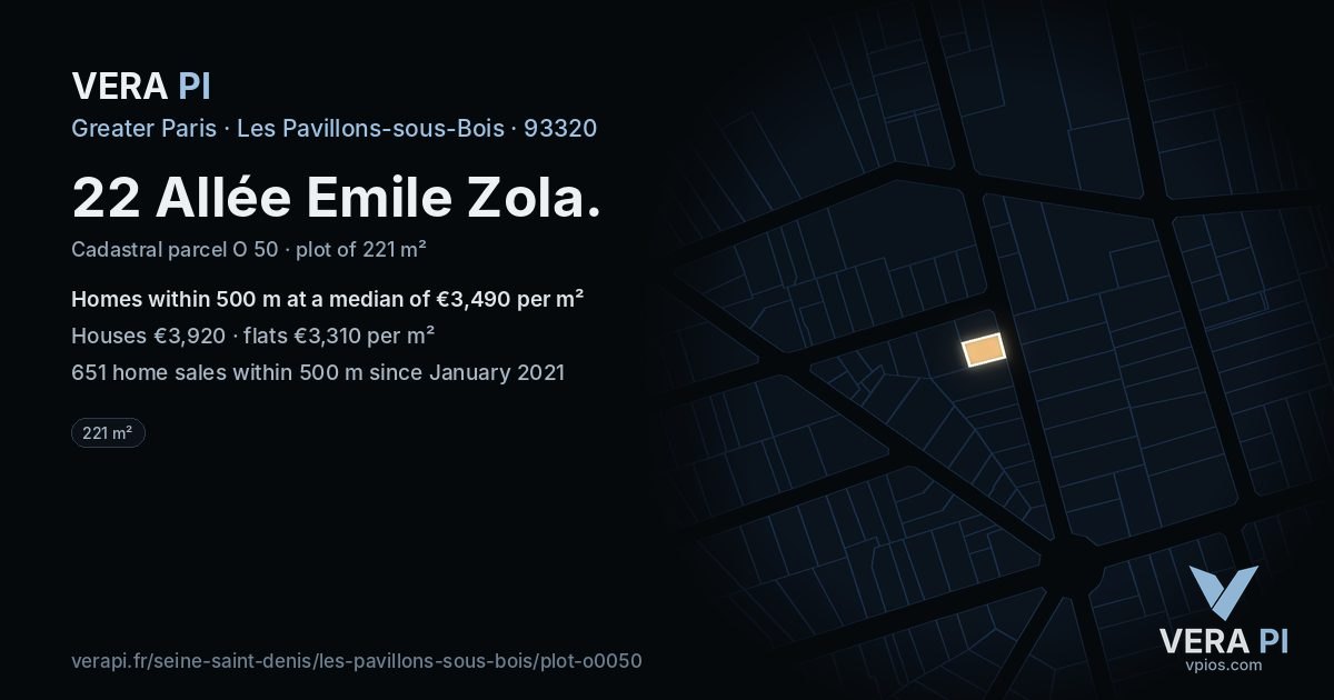 22 Allée Emile Zola, Les Pavillons-sous-Bois at night – the plot lit, the parcels around coloured by the prices near them
